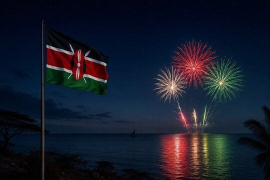 The Kenyan flag at night with fireworks over the water